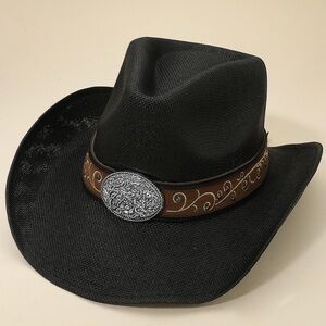 Metal Steer Head Emblem Studded Leather Band Western Straw Cowboy Fedora Hat